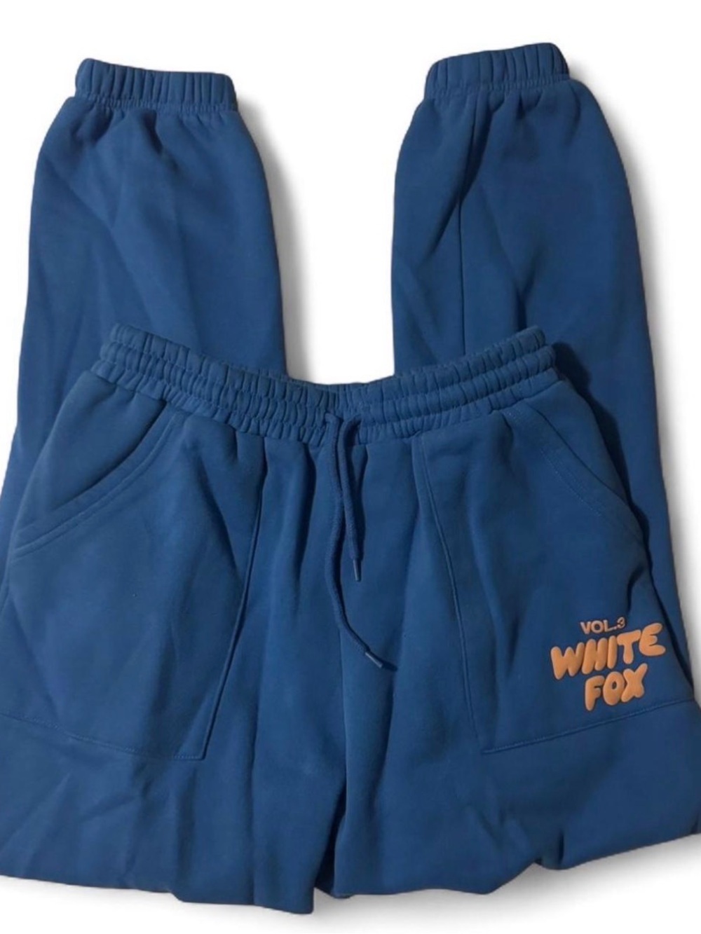 White Fox Boutique Blue Track Joggers with Orange Logo